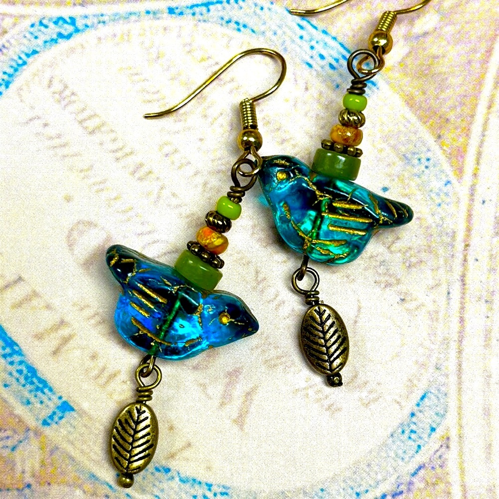 NEW Blue green spring happy bird earrings colorful jade Czech glass accents
